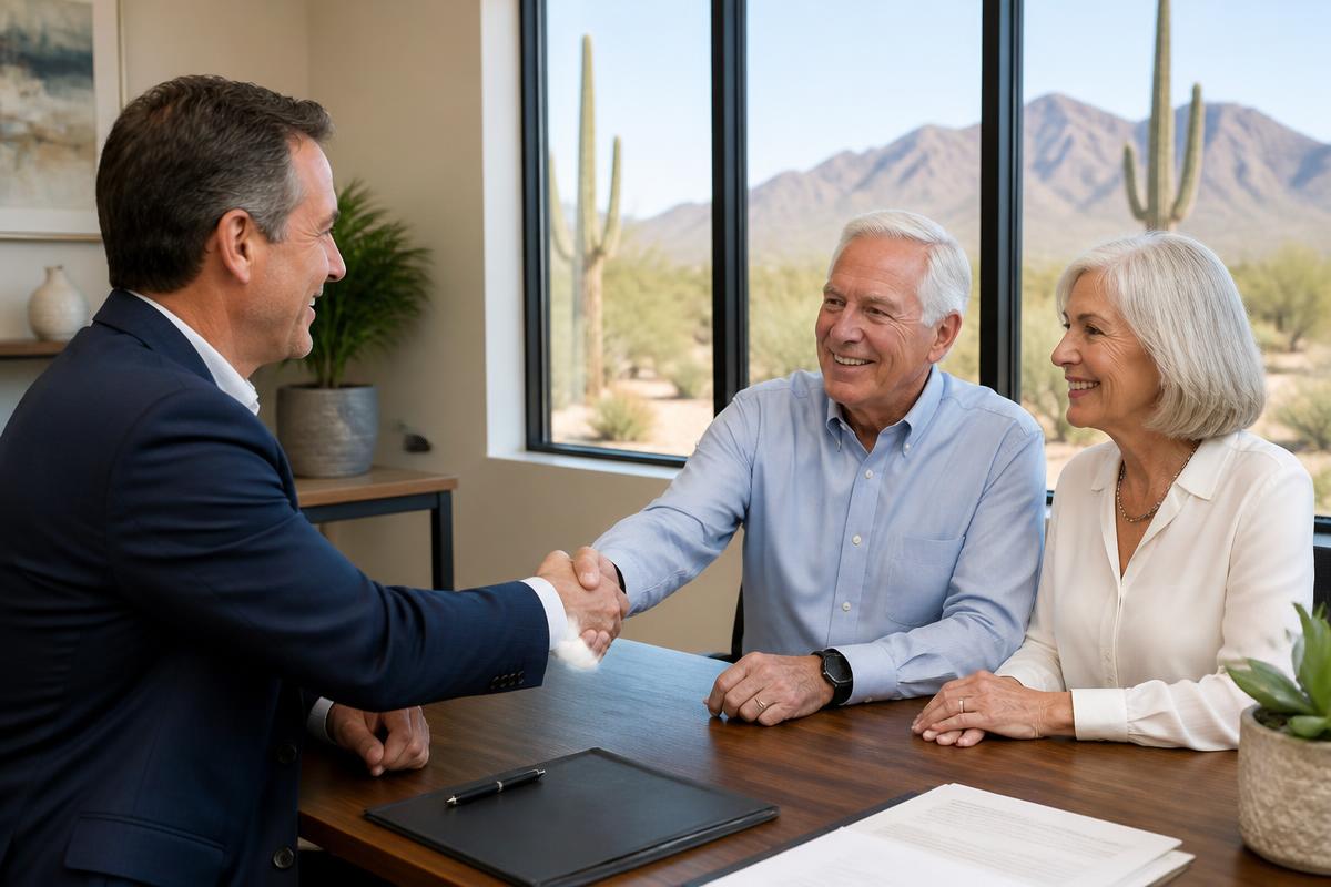 Joe Donti shaking hands with a retired Scottsdale couple during a by-appointment retirement planning consultation