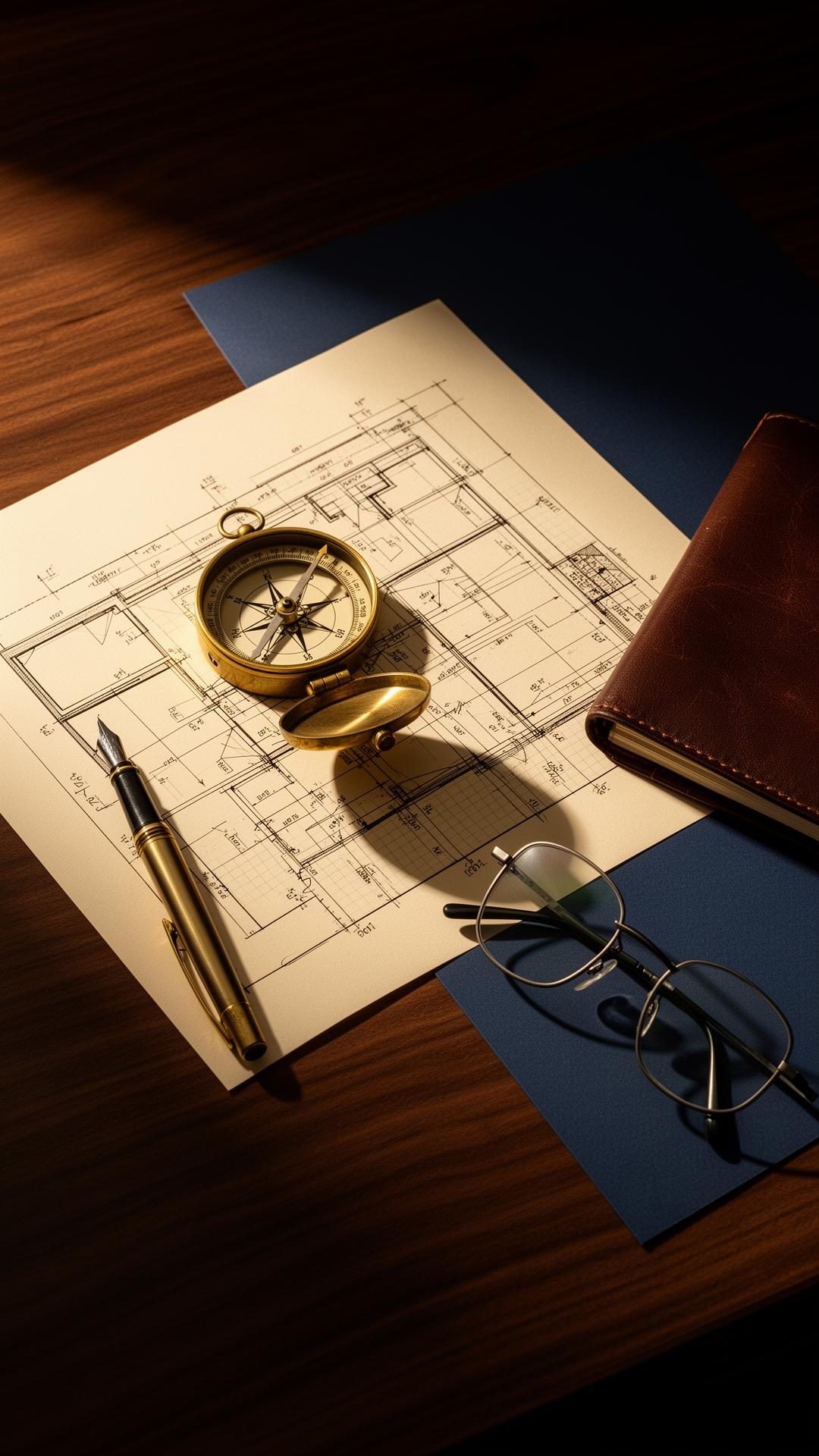 Brass compass on architectural blueprints — a symbol of structured, all-weather retirement planning