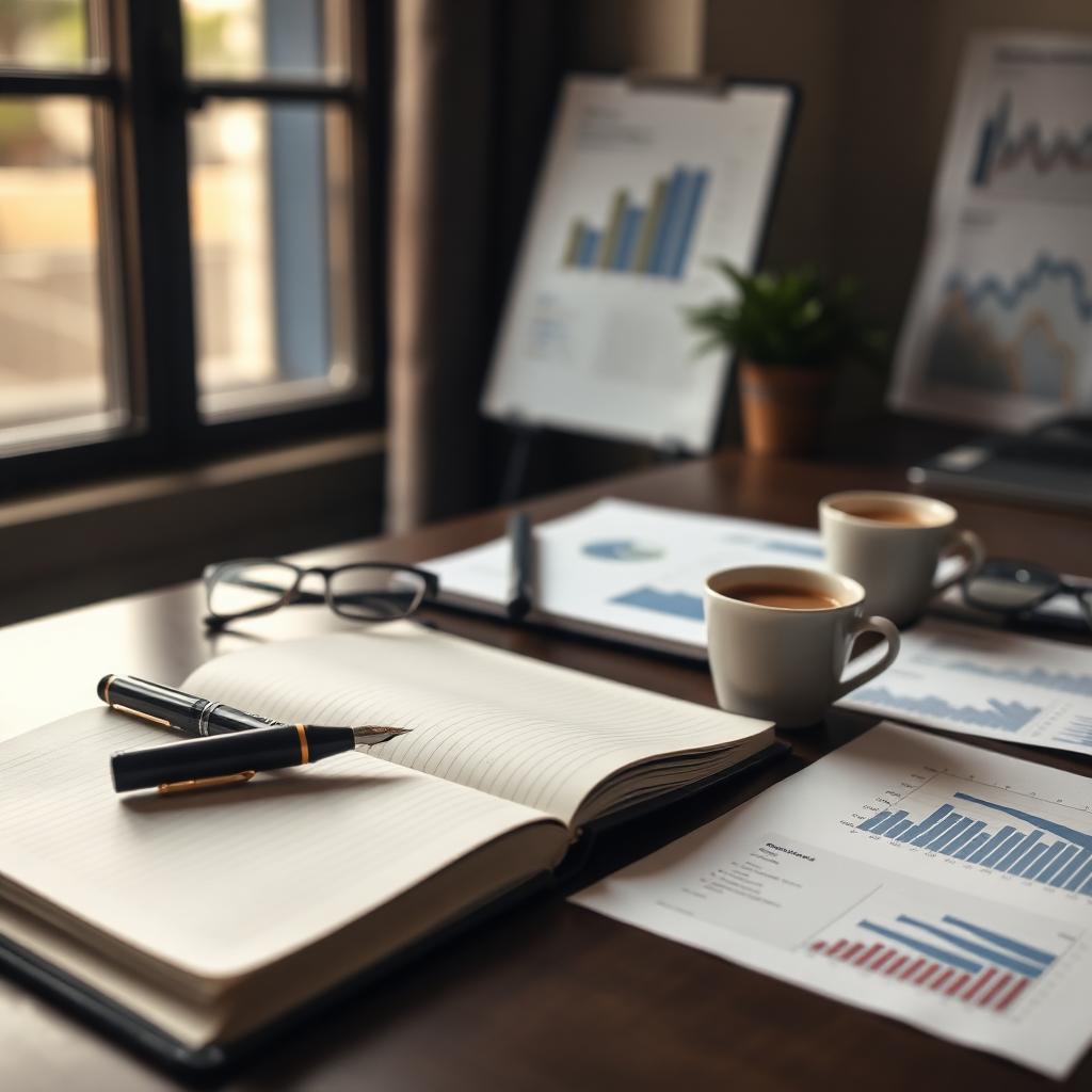 Advisor's desk with planning notebook, pen, and printed retirement income and tax charts