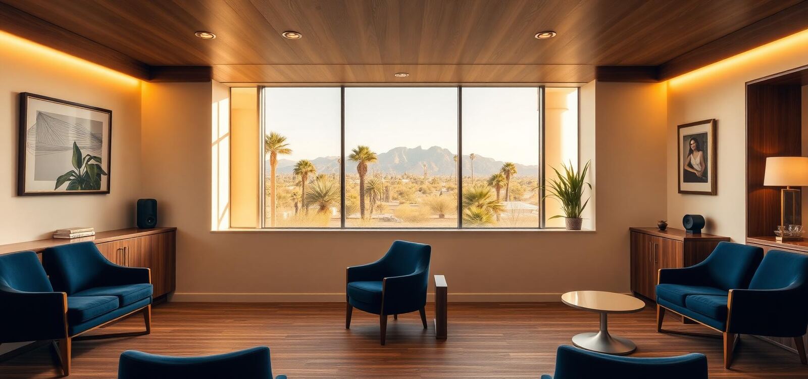 Interior of the Solutions First Financial Group Scottsdale office — warm walnut, cream walls, and a window looking out onto palms and desert mountains